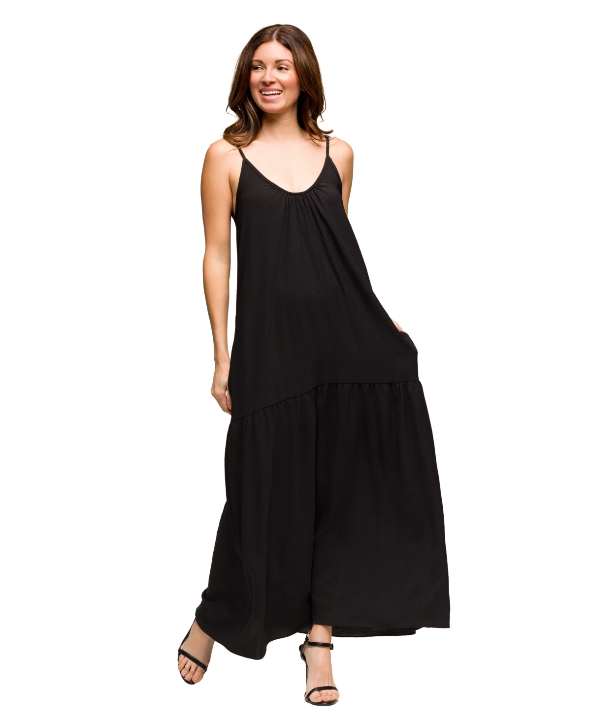 Women's Lightweight Spaghetti Strap Pocket Maxi Dress - Black