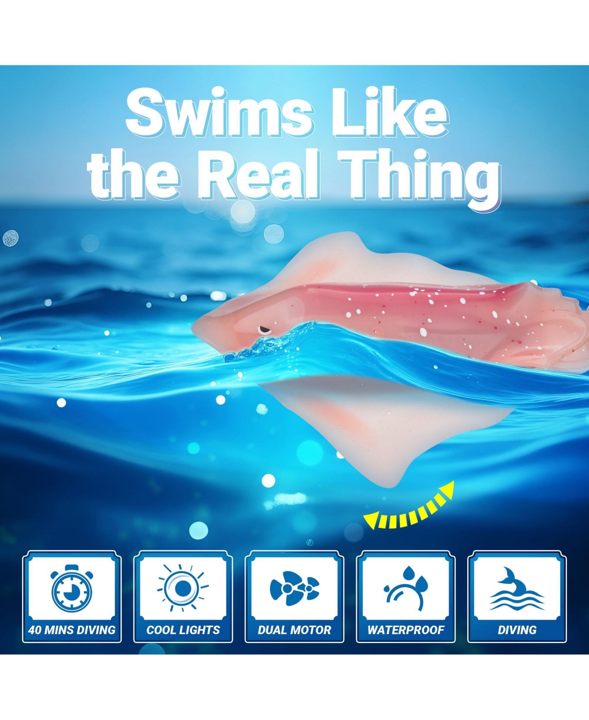 Remote Control Simulation Swimming Manta Ray Toy with Led Lights - Pool and Bath Toy for Kids