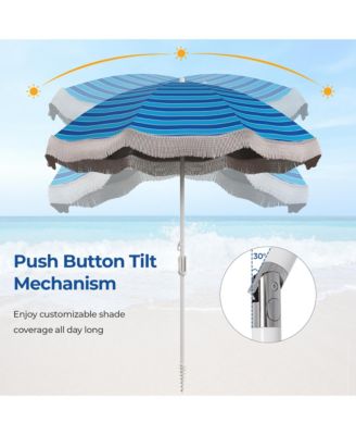 6.5 FT Beach Umbrella w/ Fringe Tassel Umbrella w/ Push Button Tilt Sand Anchor