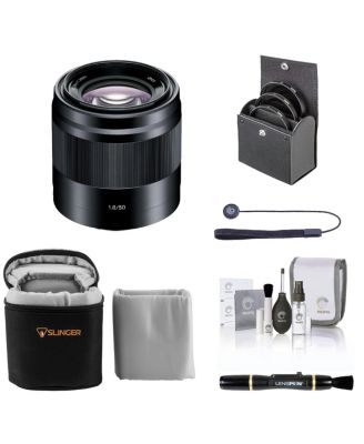 E 50mm f/1.8 OSS Lens for Sony E, Silver, Bundle with 49mm Filter Kit, Lens Case, Lens Cleaner, Cleaning Kit, Lens Cap Tether
