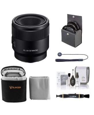 FE 50mm f/2.8 Macro Lens for Sony E, Bundle with 55mm Filter Kit, Lens Case, Lens Cleaner, Cleaning Kit, Lens Cap Tether
