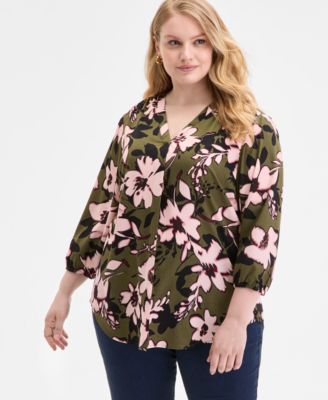Jones New York - Plus Size Floral-Print 3/4-Sleeve Top