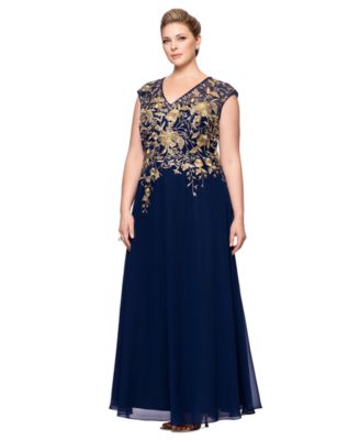 Plus Size Metallic-Embroidered A-Line Gown