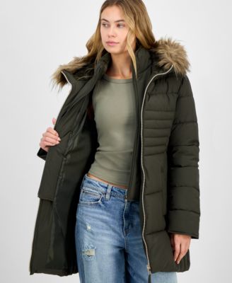Juniors' Faux-Fur Hooded Bibbed Puffer Coat
