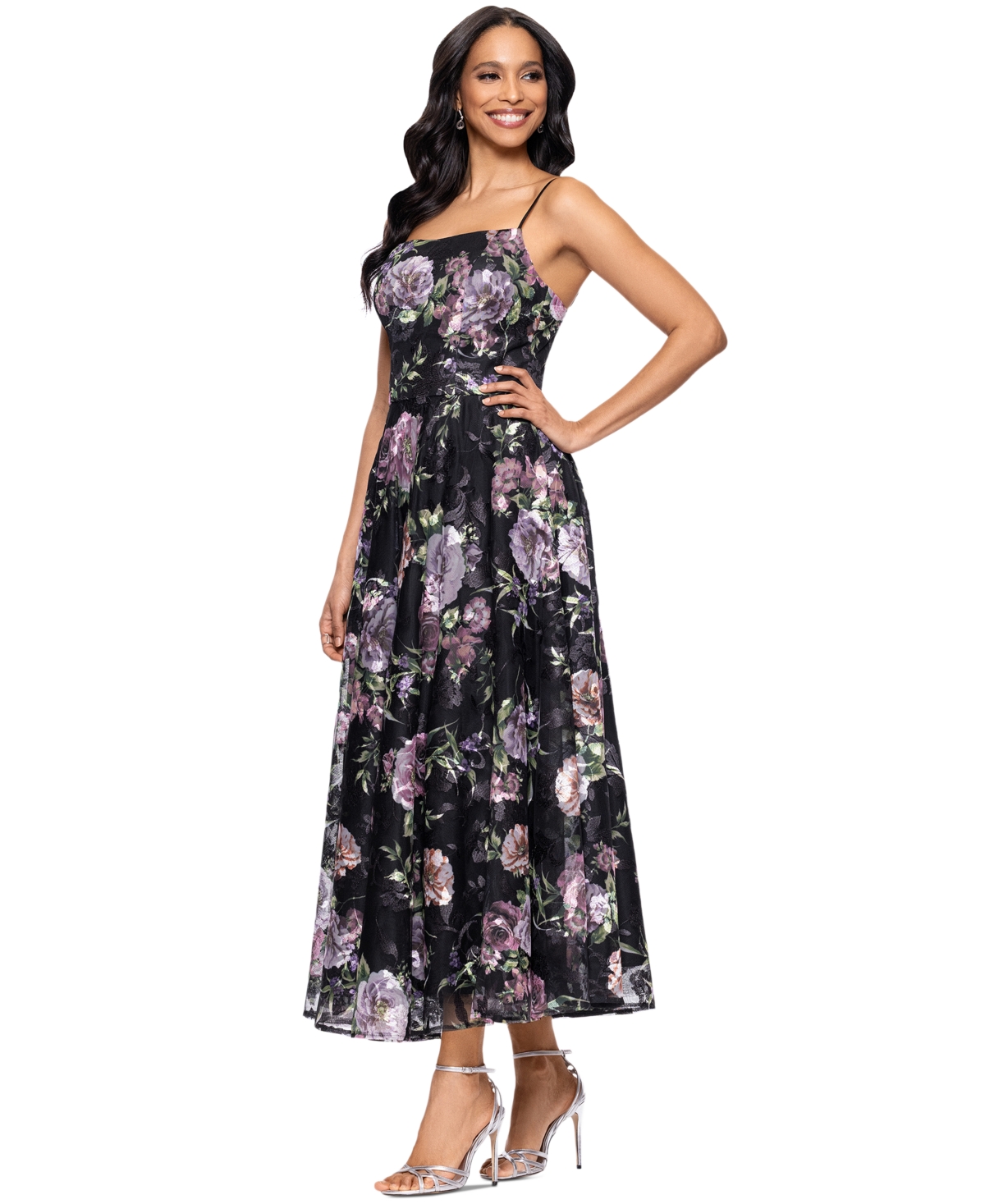 Betsy & Adam Print Embroidered Sleeveless Gown