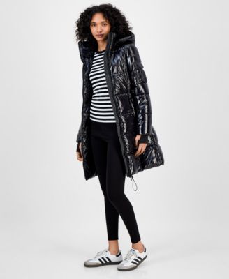 Women's Hooded Thumbhole-Cuff Shine Puffer Coat