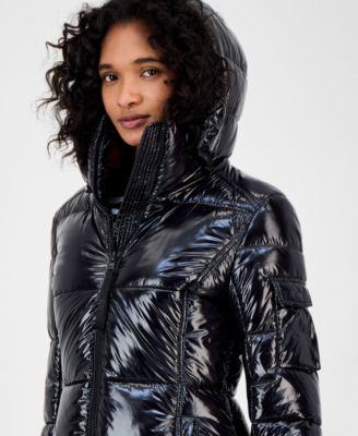 Women's Hooded Thumbhole-Cuff Shine Puffer Coat