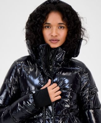 Women's Ella Hooded Thumbhole-Cuff Shine Puffer Coat