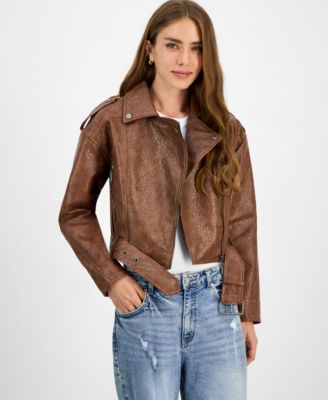 Juniors' Faux-Leather Belted Jacket