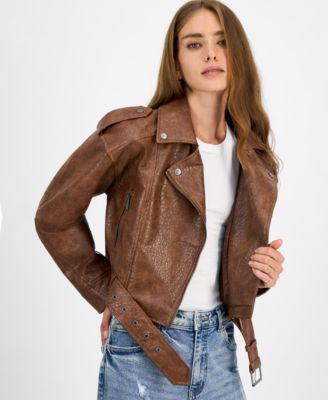 Juniors' Faux-Leather Belted Jacket