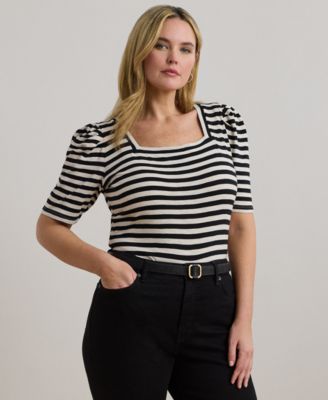 Lauren Ralph Lauren - Plus Size Striped Cotton Jersey Puff-Sleeve Tee