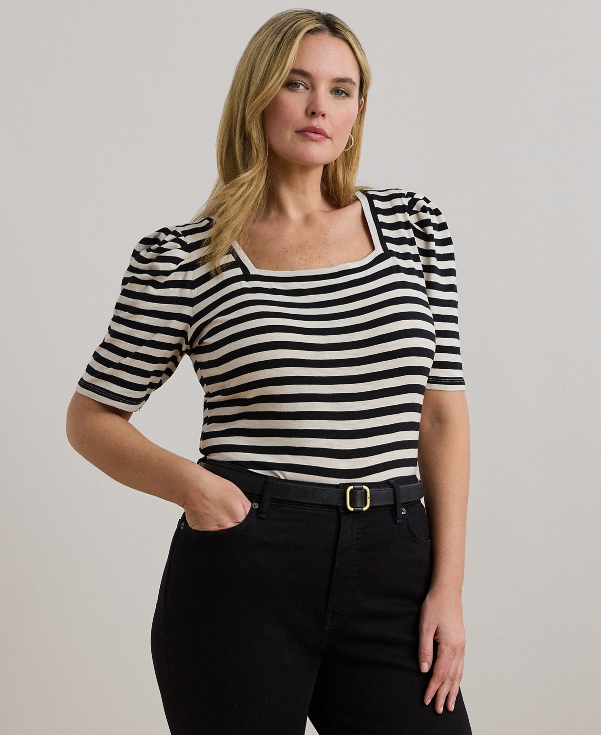 Plus Size Striped Cotton Jersey Puff-Sleeve Tee - Black Mascarpone Cream