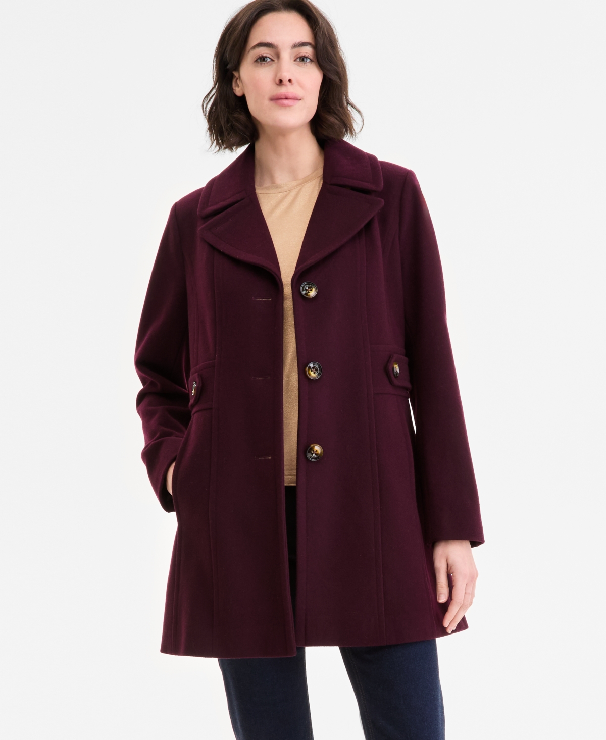 Anne Klein Women's Single-breasted Notched-collar Peacoat In Burgundy