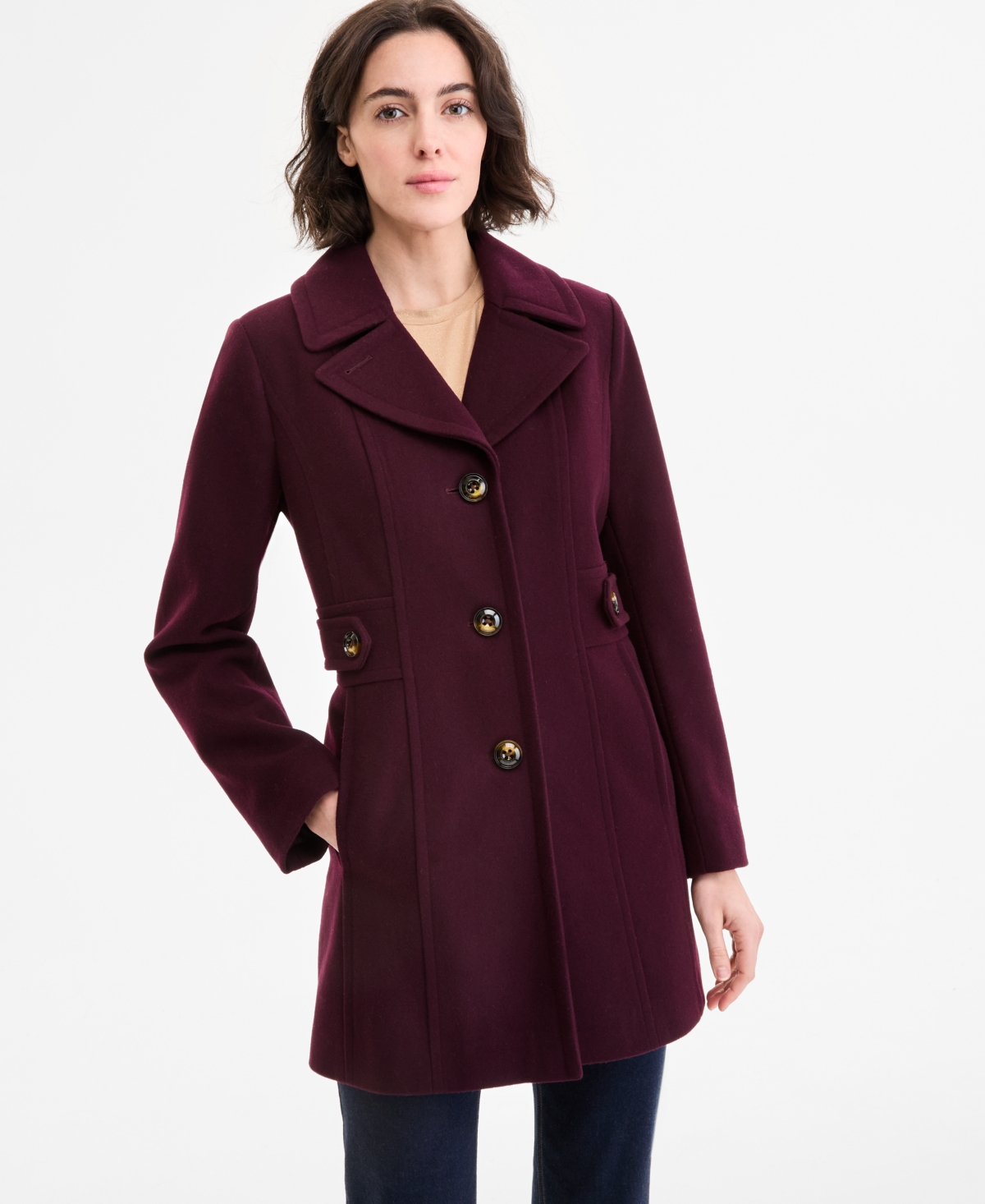 Anne Klein Women's Single-breasted Notched-collar Peacoat In Burgundy