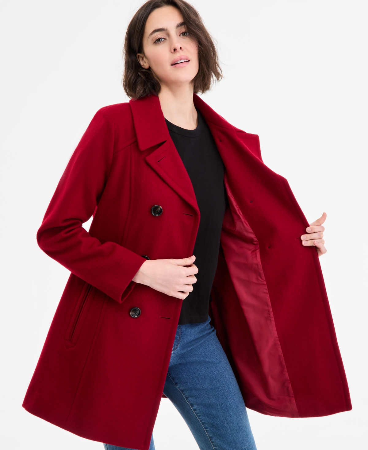 Anne Klein Women's Double-breasted Peacoat, Exclusively At Macy's In Red