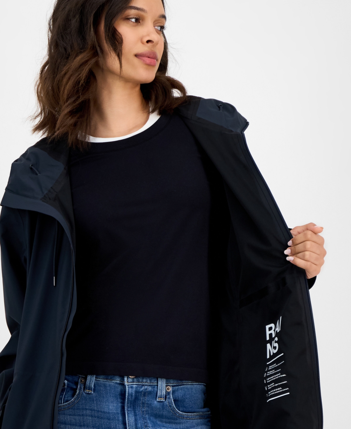 Rains Women's Long Zip-front Hooded Rain Coat In Black