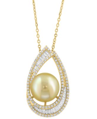 EFFY Collection - Cultured Golden South Sea Pearl (10mm) & Diamond (1-1/4 ct. t.w.) Pendant Necklace in 14k Yellow Gold, 17" + 1" extender