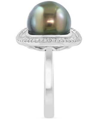 EFFY&reg; Cultured Tahitian Pearl (11mm) & Diamond (3/8 ct. t.w.) Statement Ring in 14k White Gold  