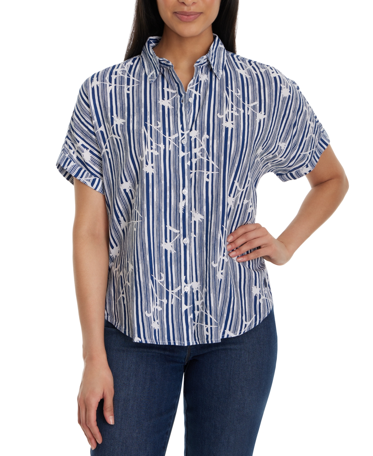 Women's Daisy Printed Short-Sleeve Shirt - Naval Blue- Prairie Stripe
