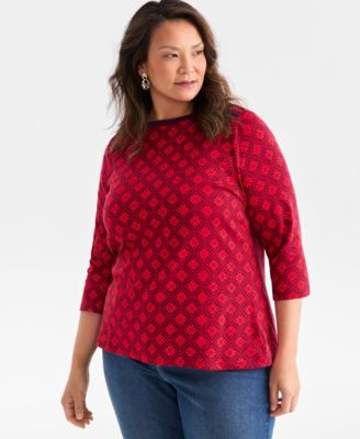 Plus Size Printed Knit 3/4-Sleeve Top, Macy's Exclusive