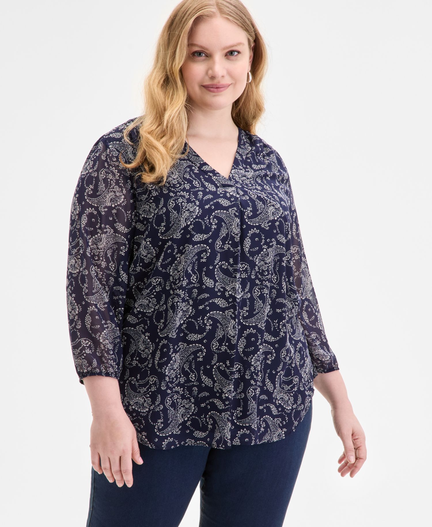 Plus Size Kelly Printed Sheer-Sleeve Pleated Blouse