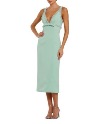 Women's Crepe Fitted Midi Dress With Bow And Beaded Trim