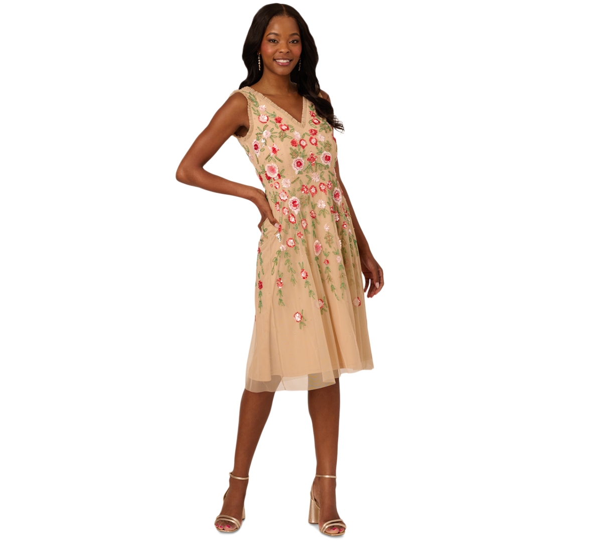 Adrianna Papell Women's Beaded-mesh Fringe-edge Dress