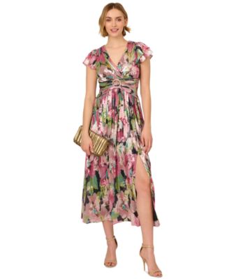 Adrianna Papell - Women's Floral-Print Metallic Crinkle Gown