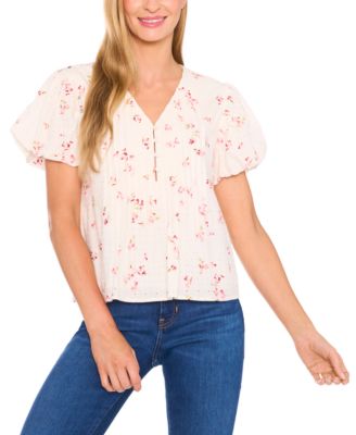 CeCe - Women's Printed Eyelet Cotton Bubble Sleeve Blouse