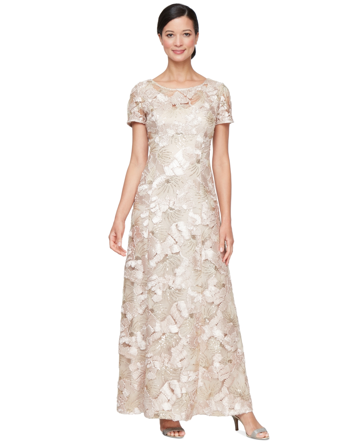 Petite Embellished Lace Gown - Champagne