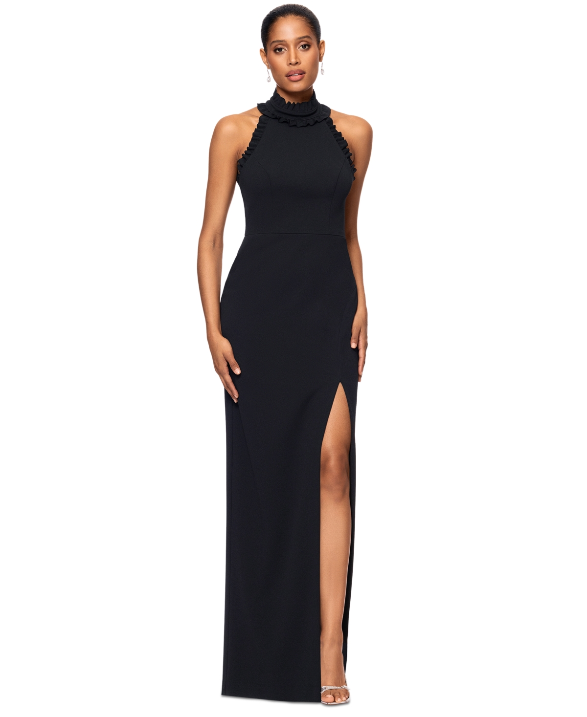 Xscape Petite Ruffled Halter Mock Neck Cutout-back Gown