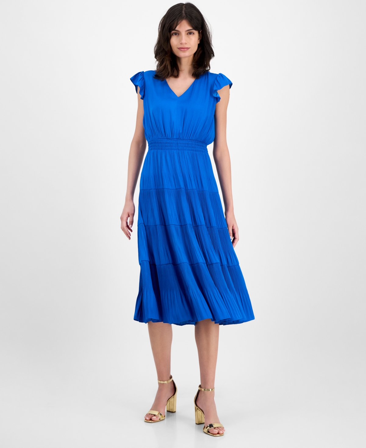 T Tahari Women's Tiered V-neck Flutter-sleeve Midi Dress