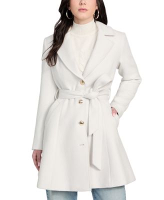 GUESS - Women's Belted Faux-Fur-Collar Button-Front Coat