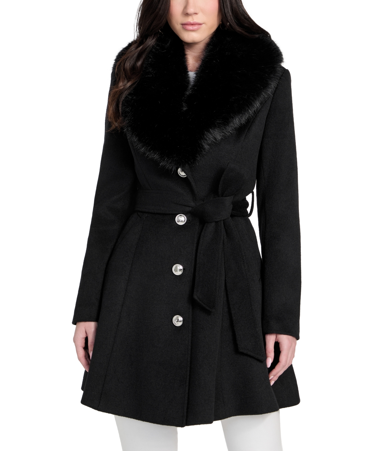Guess Women's Belted Faux-fur-collar Button-front Coat In Blue