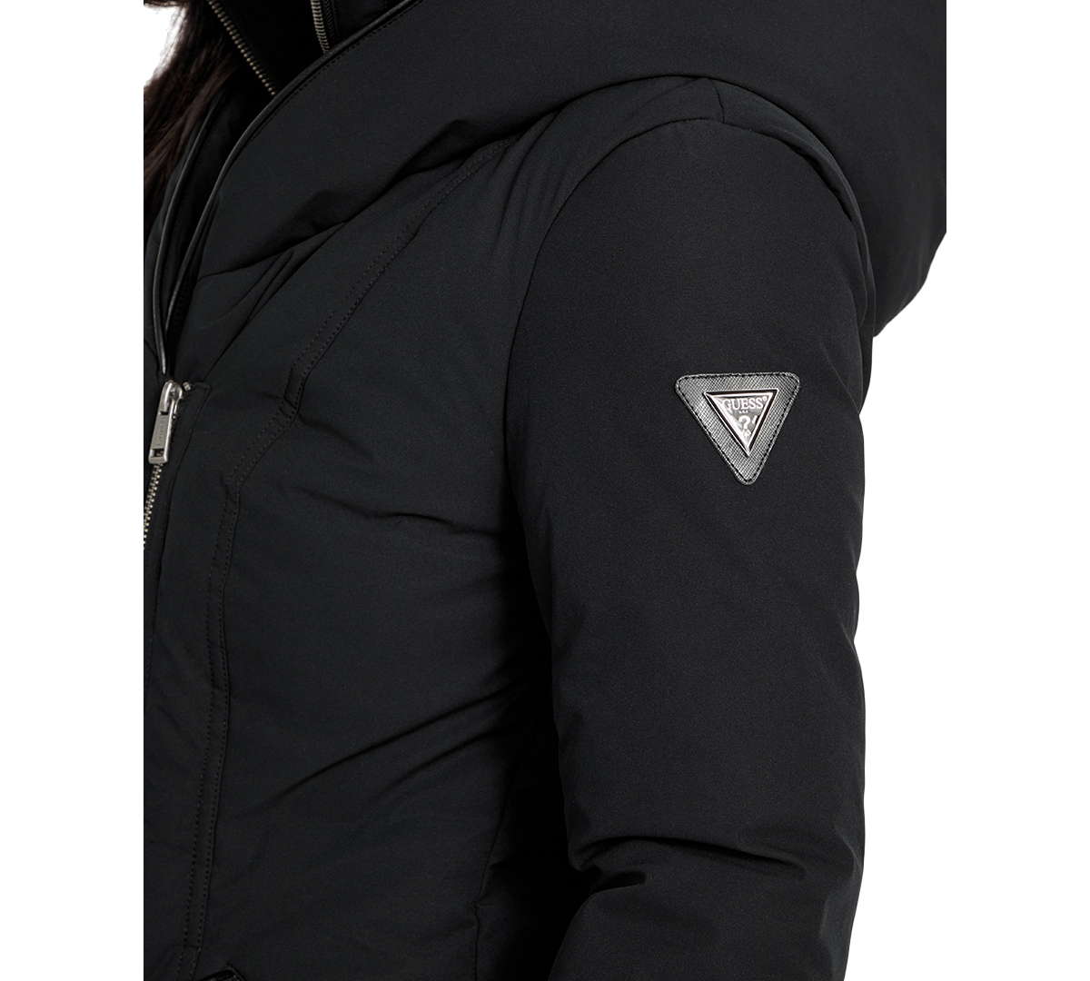 Guess Women's Asymmetric Zip-front Hooded Puffer Coat In Black