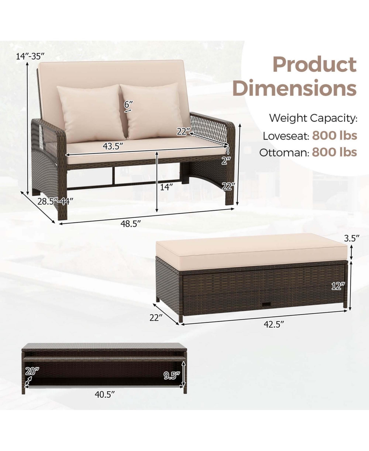Patio Rattan Daybed Wicker Loveseat Sofa with Multifunctional Ottoman