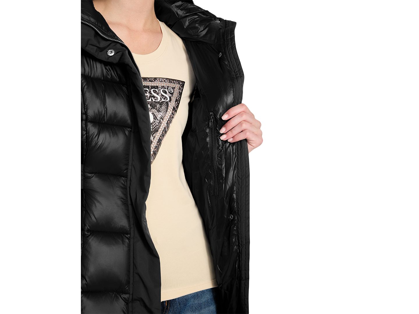 Женская куртка GUESS Faux-Fur Trim Hooded Maxi Puffer, цвет: Чёрный — фото 5