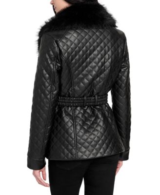 Women's Quilted Faux-Fur-Collar Faux-Leather Jacket