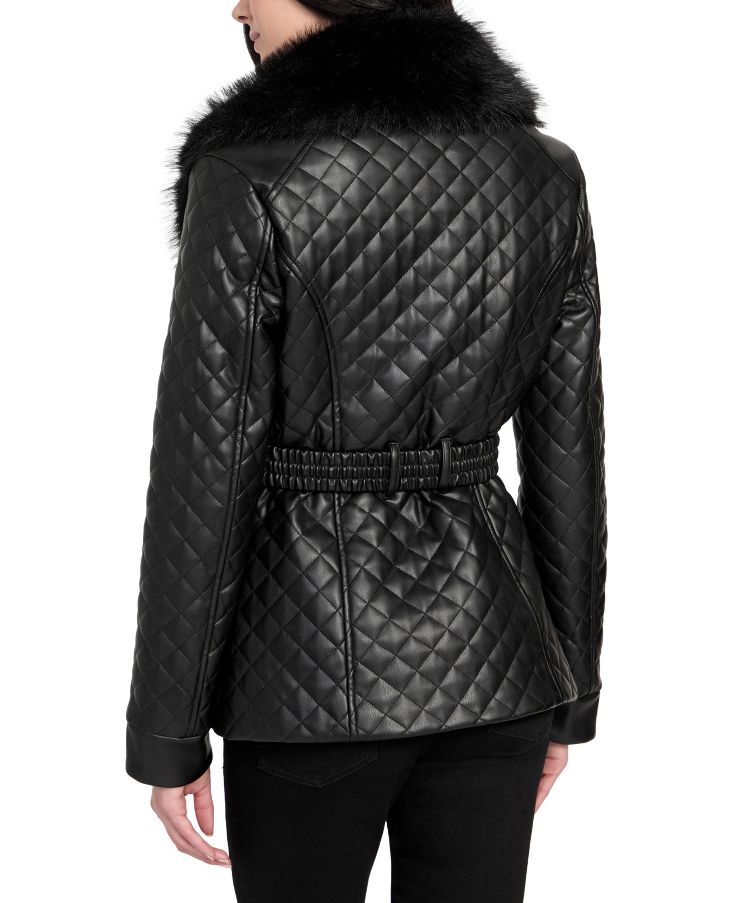 Women's Quilted Faux-Fur-Collar Faux-Leather Jacket