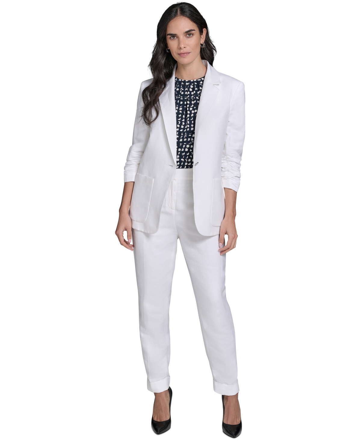 Calvin Klein Petite Ruched-sleeve Linen-blend Blazer