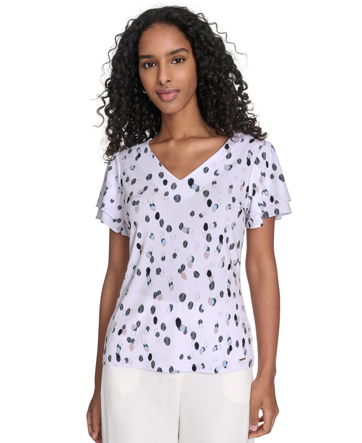 CALVIN KLEIN PETITE PRINTED FLUTTER-SLEEVE TOP 