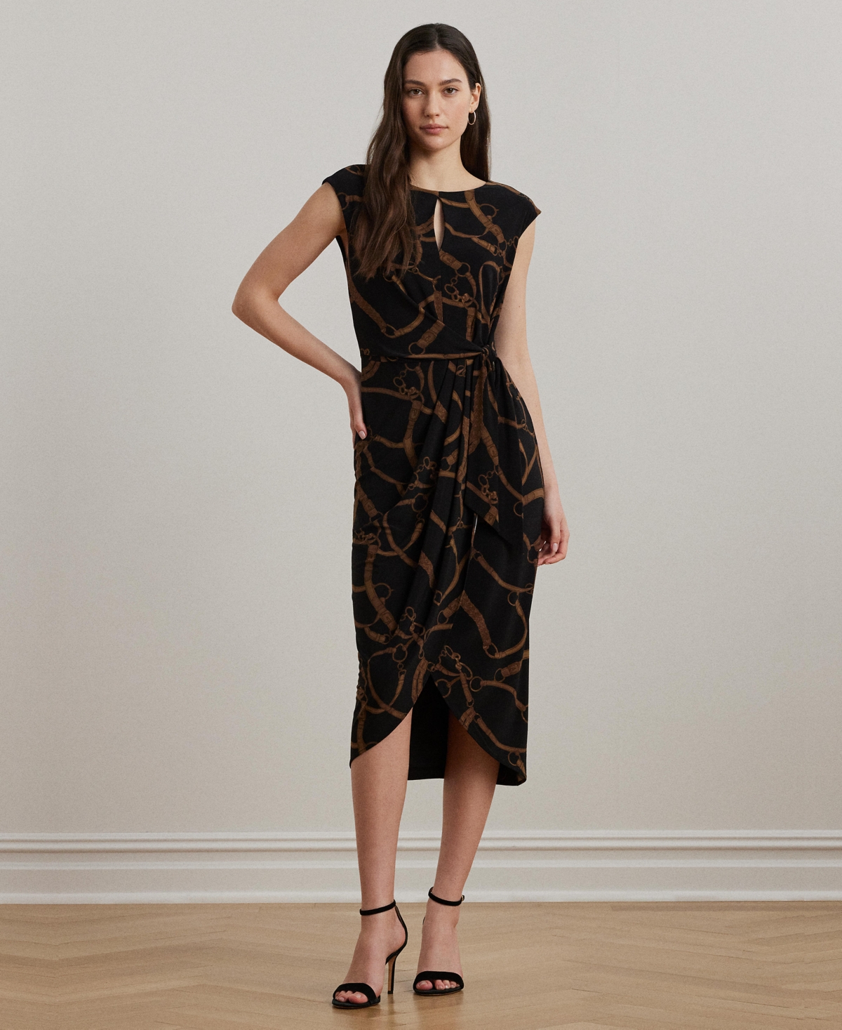 Women's Belting-Print Jersey Tie-Front Dress - Black Tan