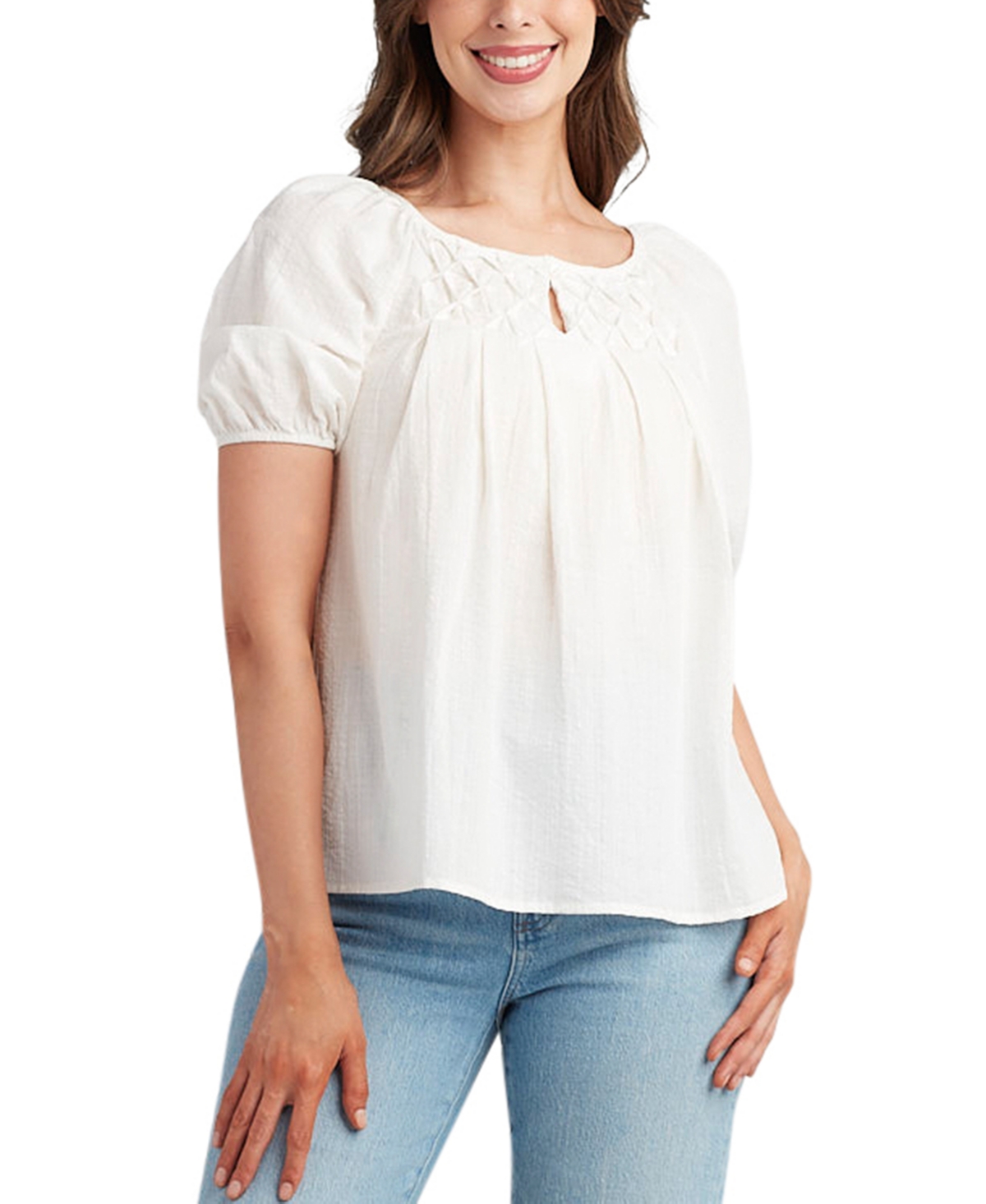 Juniors' Puckered-Yoke Puff-Sleeve Top - White