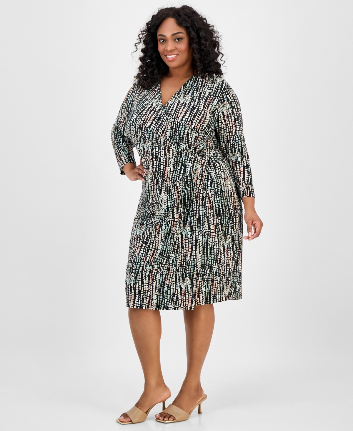 Plus Size Printed Wrap-Style Dress - Black Multi