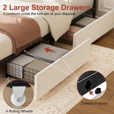 Queen Size Velvet Upholstered Bed Frame with LED Headboard, 2 Drawers, Charging Station