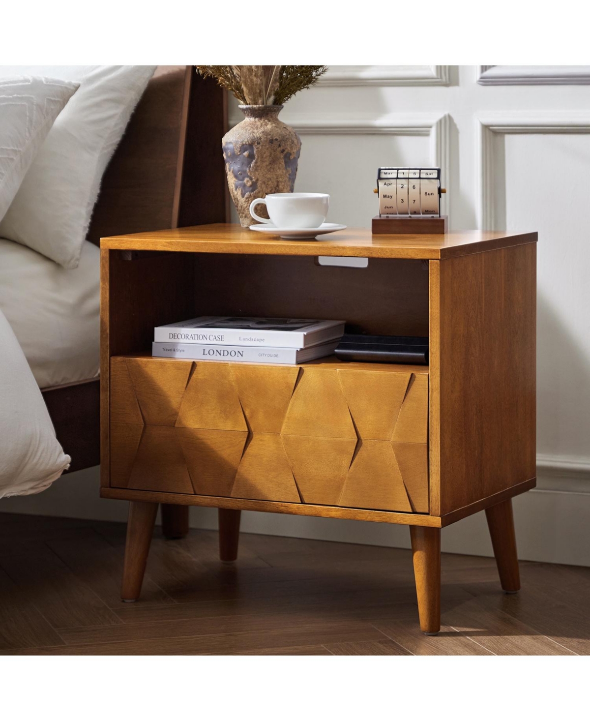 Zenaida Mid-century Modern Nightstand with Charging Ports and Hidden Drawer