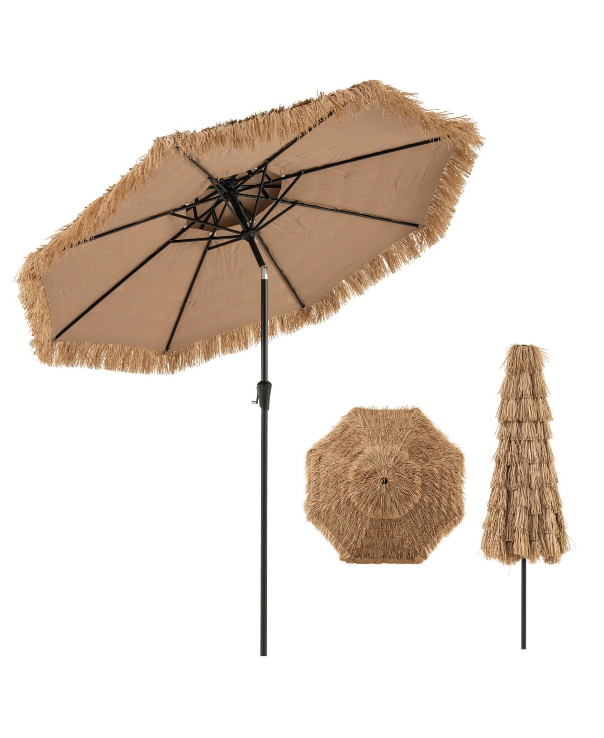 8.8 Ft Hawaiian Style Umbrella Thatched Tiki Umbrella w/8 Ribs Sun-proof Fabric - Brown