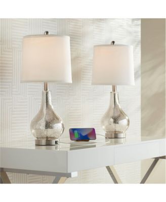 Ledger Modern Accent Table Lamps 21 3/4" High Set of 2 Mercury Glass with USB Charging Port Off-White Drum Shade for Family Office Desk