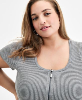 Trendy Plus Size Ribbed Zip-Front Sweater, Exclusively at Macy's