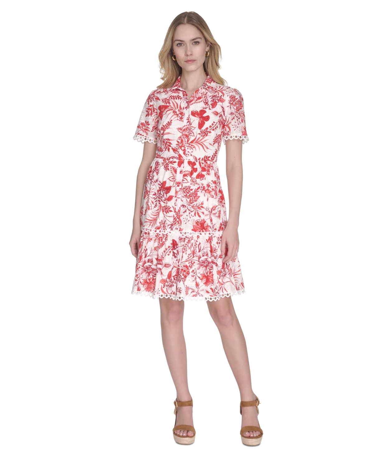 ELIZA J WOMEN'S PRINTED BUTTON-FRONT SHORT-SLEEVE COTTON DRESS 
